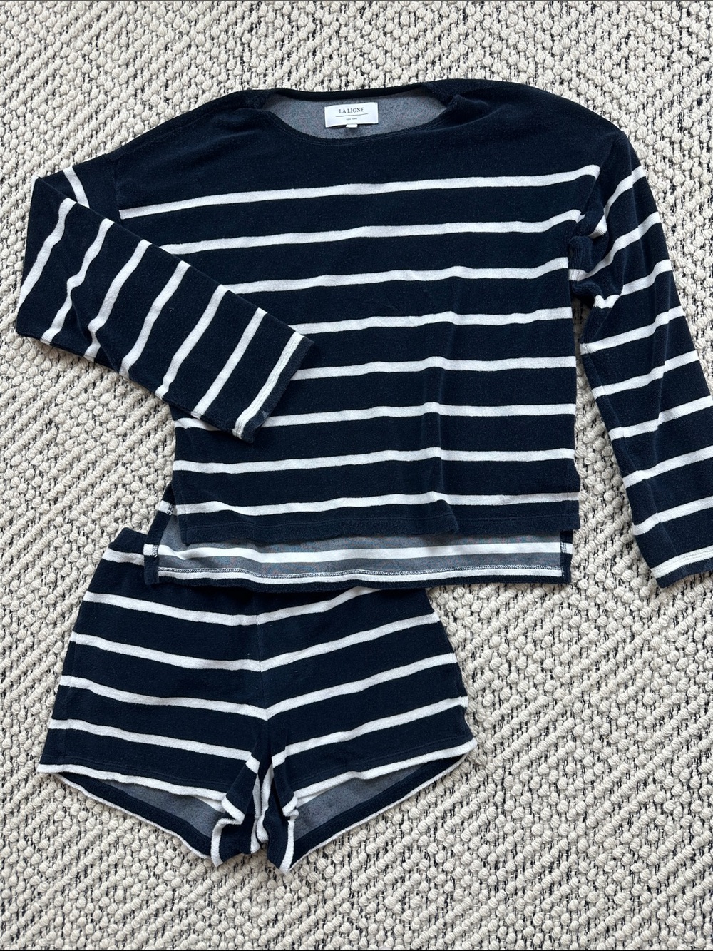 La Ligne Navy and White Striped Knit Top and Short Set